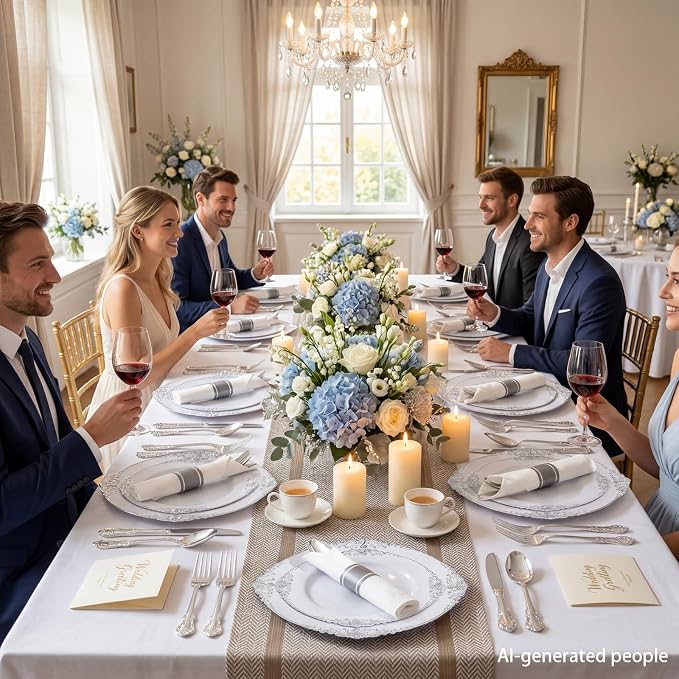 400PCS Pre Rolled Silver Plastic Silverware Sets Fancy for Wedding | Individually Wrapped Utensils, 100 Guests, Durable and Sturdy, BPA free, Includes Matching Napkins, for Formal Party Dinners