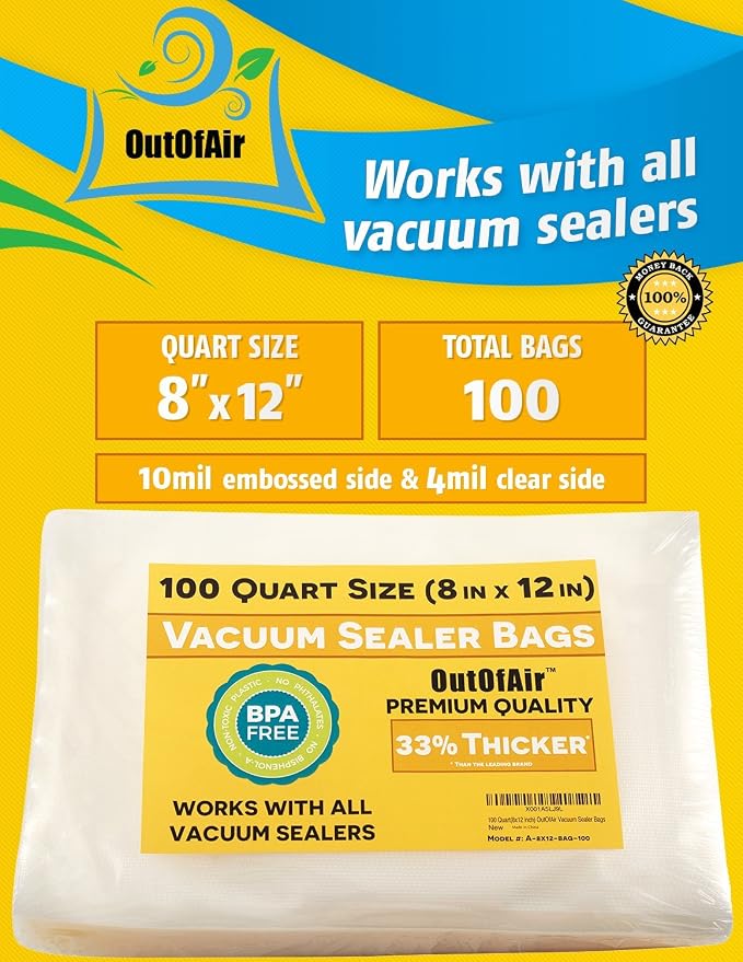 100 Vacuum Sealer Bags: Quart Size (8" x 12") by OutOfAir Works With FoodSaver & Other Machines - 33% Thicker BPA Free, Commercial Grade, 8 x 12 inches