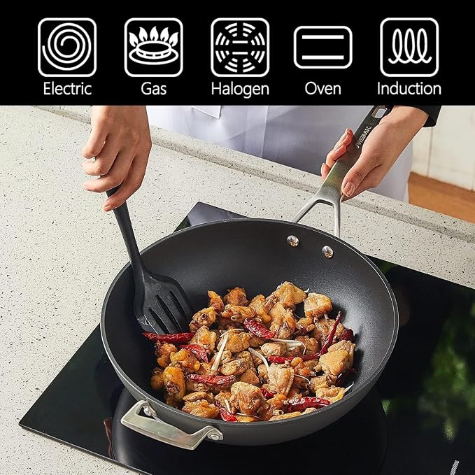 MsMk 12.5 Inch Nonstick Frying pan with Lid, Woks & Stir Fry Pans Skillet | Non Toxic, Even Heating, Easy Clean, Dishwasher & Oven Safe, suitable for gas & electric & induction stoves, Stainless Steel
