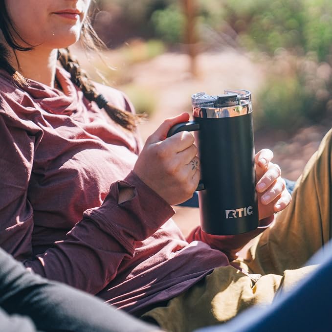 RTIC 16oz Road Trip Travel Mug with Lid and Handle, Ceramic Lined, Insulated, Stainless Steel, Metal, Double Wall Vacuum-Insulation, Portable Coffee, Tea Cup for Hot and Cold Drink, Cool Grey