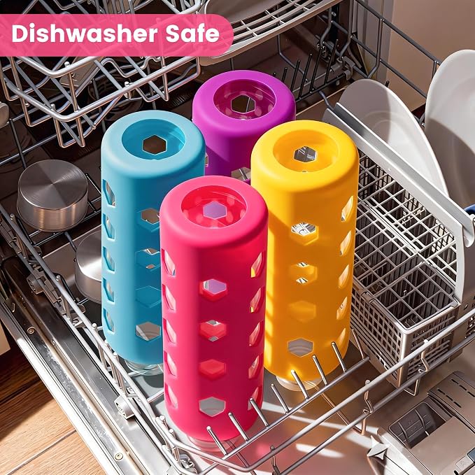 Mrsdry 18 oz Glass Water Bottles with Lids & Silicone Sleeves, 4-Pack | BPA Free, Leak-Proof Reusable Glass Drinking Bottles with Stainless Steel Airtight Cap for Juicing, Dishwasher Safe, Non-Slip