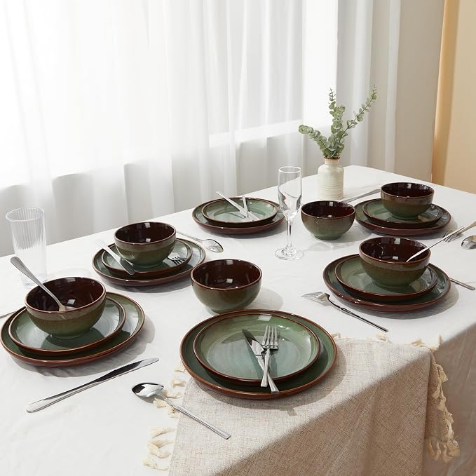 36 Piece Stoneware Dinnerware Sets, Ceramic Plates and Bowls Set, Microwave & Dishwasher Safe Kitchen Dish Set, Modern Dinner Salad Plates | Cereal Bowls for 12, Dishware Sets Sage Green