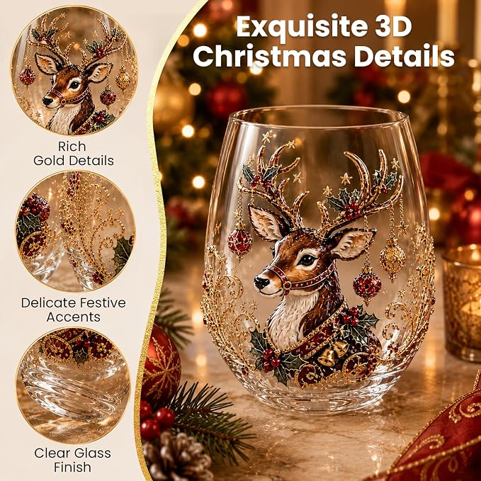 Christmas Wine Glasses, 12oz Stemless Holiday Glassware with Festive Style (Christmas Tree (A))