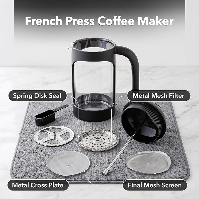 OVENTE 20oz French Press Coffee Maker with 4-Level Filtration, Black FPB20B | Heat Resistant Borosilicate Glass Pot, Dishwasher Safe Stainless Steel Filter, Portable Cafetiere for Travel, Camping or Gift