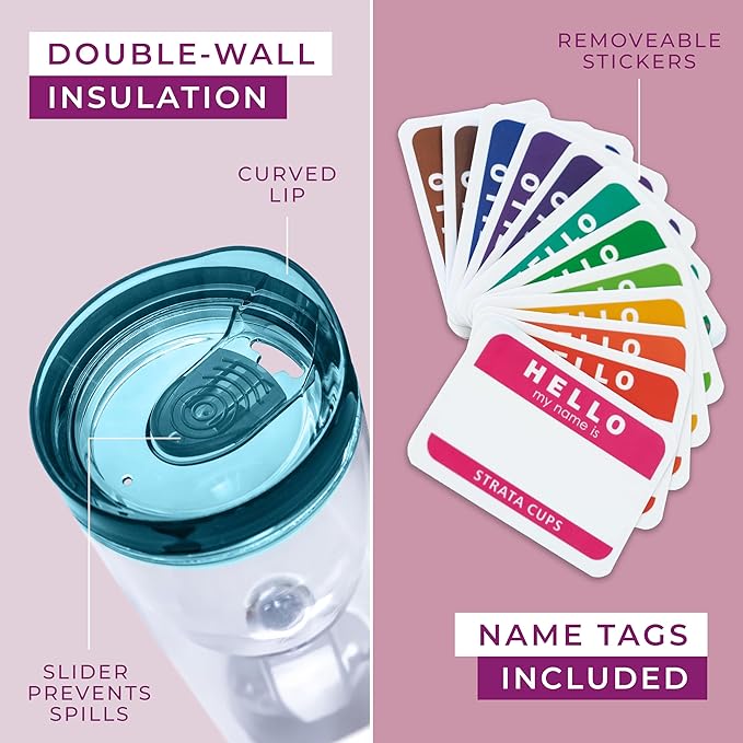 STRATA CUPS Insulated Wine Tumbler With Lid (SET OF 10) BONUS Name Decals - Outdoor Acrylic Plastic Wine Glasses, 10oz Cup Tumblers in 10 Colors - Adult Sippy, Unbreakable Stemless Wine Glass