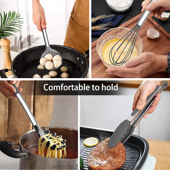 LIANYU 15-Piece Cooking Kitchen Utensils Set with Holder | Silicone Kitchen Tools Stainless Steel Handle, Slotted Spatula Spoon Turner Tong Whisk Brush for Cooking, Gray