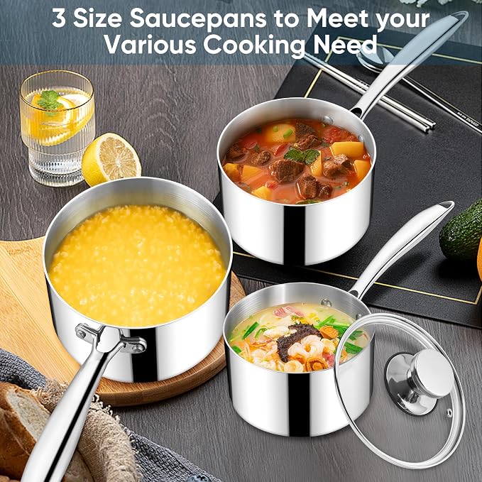 Homikit Stainless Steel Saucepan Set, 1Qt & 2Qt & 3Qt Sauce Pan with Lids 6pcs, Tri-Ply Bottom Induction Compatible Small Cooking Pot kitchen Cookware Set, Dishwasher Safe & Nonstick