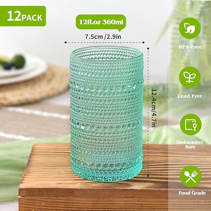Moretoes12 Pack 12 Oz Vintage Drinking Glasses Set,Water Glass Cups | Colored Hobnail Drinking Glasses Kitchen Bar Tumbler Glassware Set for Whiskey, Beer, Juice, Milk and Various Mixed Drinks