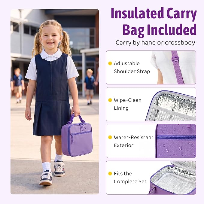 Bento Box for Kids with Thermo Food Container (9oz), 4-Compartment Lunch Box, Adjustable Divider, Leakproof Bento Lunch Box, Includes Utensils & Carry Bag for School, Office(Purple)