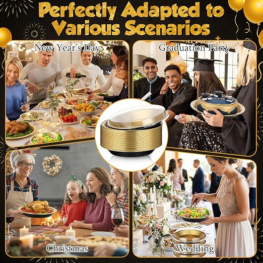 9 Inch Heavy Duty Aluminum Pie Tins Bulk with Lid, Oven and Freezer Safe Disposable Pie Pizza Pan Dessert Baking Cups for BBQ Camping Graduation Father's Day Party Favors(25 Pack,Black,Gold)
