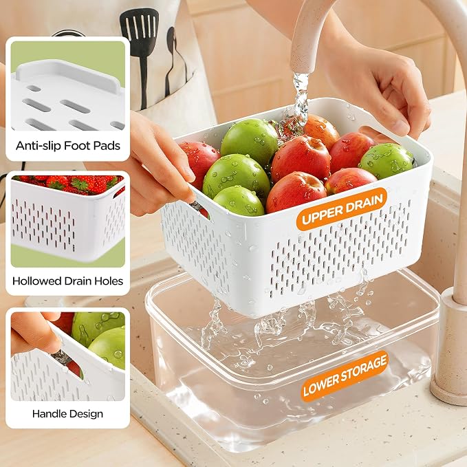 6 PCS Fruit Storage Containers for Fridge with Removable Colanders, 6 Plastic Food Storage Containers with 6 Lids, Leakproof Produce Containers Keep Fruits, Vegetables, Berry, Meat Fresh Longer