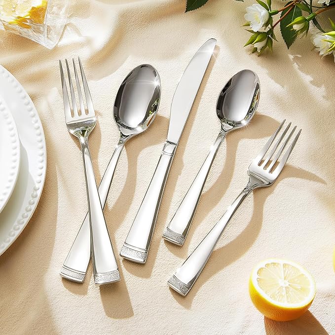 65-Piece Flatware Set, 18/10 Stainless Steel Utensil for 12 | Bead Edge Design, Mirror Polished Finish, Dishwasher Safe, Elegant Table Setting, Ideal for Daily Meals & Entertaining