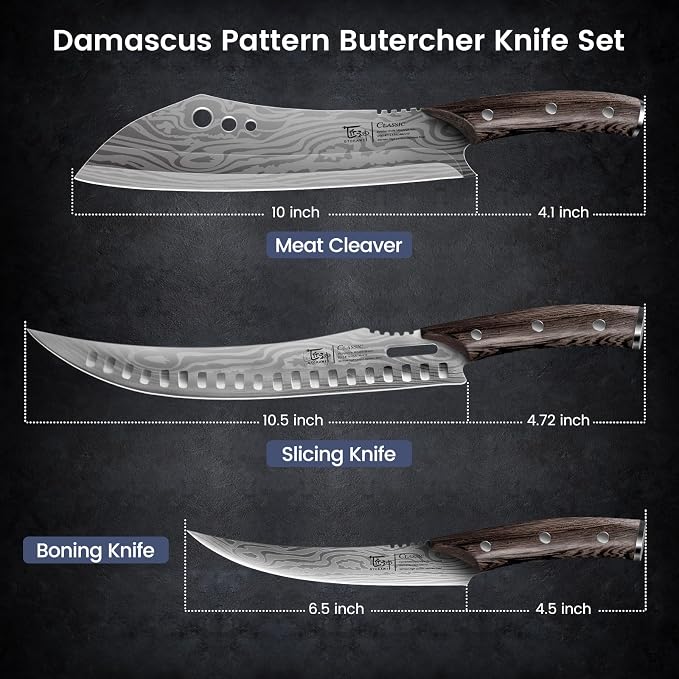 Butcher Knife Set, Cleaver, Breaking & Boning Knife for Meat & BBQ | Japanese Style High Carbon Steel Kitchen Knives Set for Brisket Slicing, Wenge Wood Full Tang Ergonomic Handle, Ideal Gift