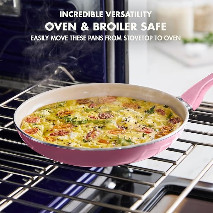 GreenPan Rio Healthy Ceramic Nonstick 8" Frying Pan Skillet and Silicone Spatula Set, Soft Grip Handle, Breaktfast Meal Set, PFAS-Free, Dishwasher Safe, Oven Safe, Pink
