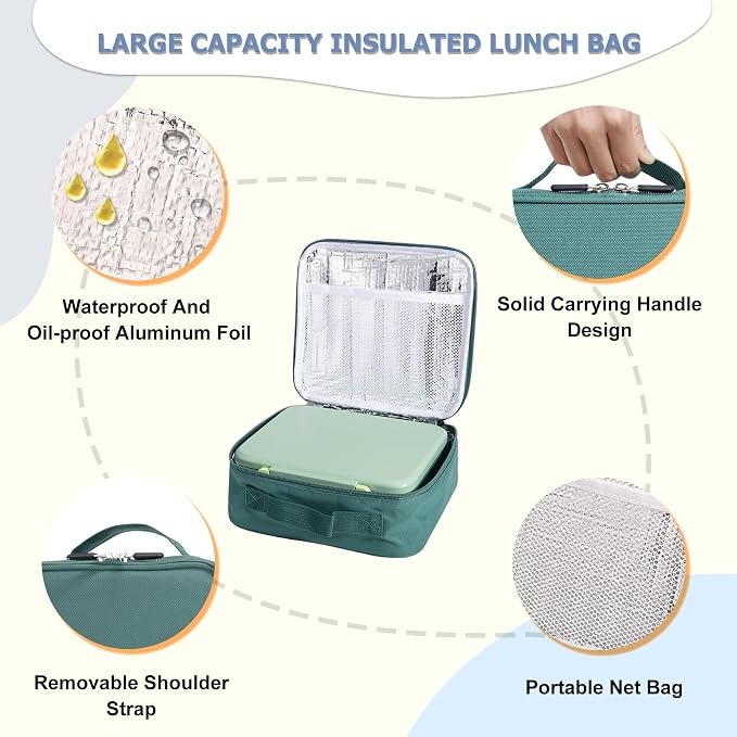 Bento Lunch Box for Kids with 8oz Soup Thermo Leak-Proof Lunch Food Containers with Snack Sauce Container for Kid Girls Boys to School, Green Bag