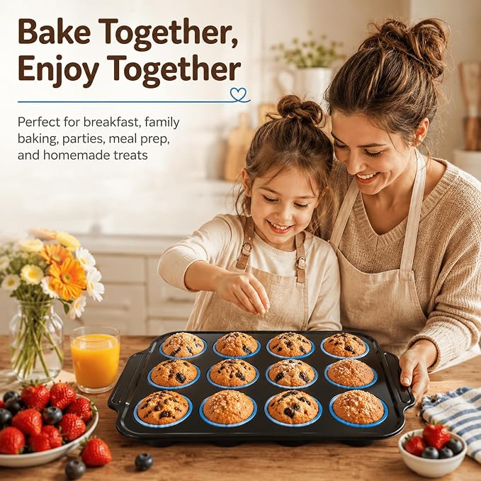 Silicone Muffin Pans for Baking, 12-Cup Muffin Tin with Metal Frame | Reinforced Metal Frame, 12-Cup Size, Easy Release Cups, Nonstick Silicone, Oven & Dishwasher Safe