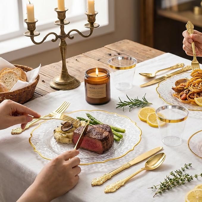 120PCS Gold Plastic Silverware, Vintage Disposable Utensils & Cutlery | 40 Fancy Forks, Spoons, Knives, Heavy Duty, BPA-Free, for Party, Weddings, Birthday & Holiday
