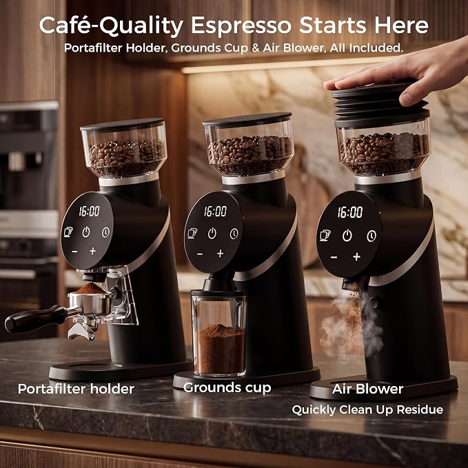 TALIA Coffee Grinder Electric Coffee Bean Grinder with 48mm Titanium Plated Conical Burrs, 51 Grind Settings for Espresso to French Press, Touch Control, Time & Cup Customization, Portafilter Holder