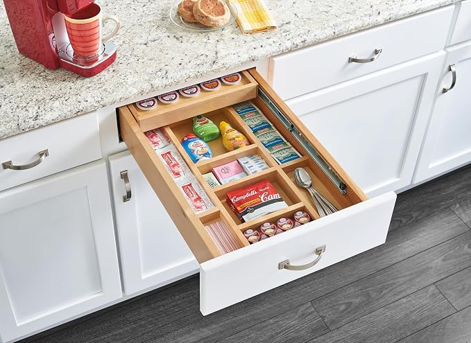 Rev-A-Shelf 15 Inch 2 Tiered Cutlery and Utensil Pullout Drawer Organizer with KCUP Tray and Soft-Close Slides, 4WTCD-18HSC-KCUP-1