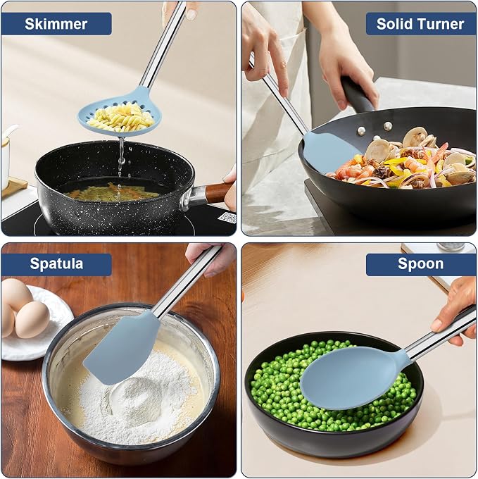 Vayvnt Silicone Kitchen Utensils Set, NonToxic, Plastic-Free, 8PCS, Blue | Heat Resistant Silicone Cooking Utensils, Non Scratch Spatula for Non Stick Pan, Long Stainless Steel Handle, Dishwasher Safe