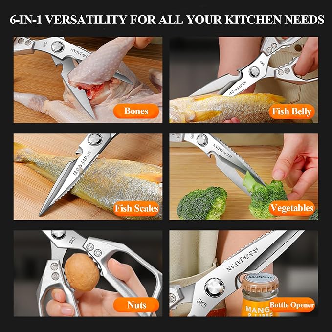 2-Piece Kitchen Scissors Set - Heavy Duty Poultry & Cooking Shears, High-Carbon Steel Meat Scissors for Chicken Bones/Seafood/Herbs, Ergonomic Handle Black & Silver
