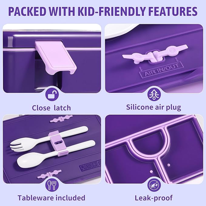 rockpapa Chill Bento Box for Kids- Large 5.5 Cups Lunch Box with Ice Pack - 5 Compartments, BPA-Free, Leak Proof, with Utensils & Portable Handle, Microwave/Dishwasher Safe (Purple Butterfly)