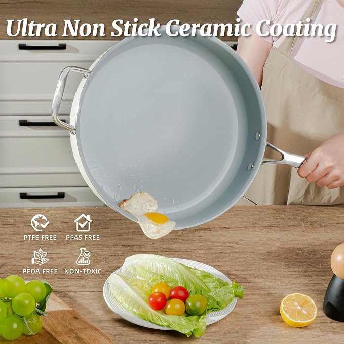 Nonstick Sauté Pan with Lid 5 QT Deep Frying Pan with Stainless Steel Handle 12 inch Large Skillet Ceramic Jumbo Cooker for Cooking Induction Compatible Frying Pan, Cream White