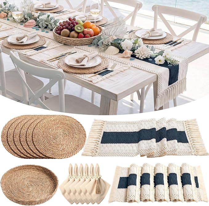 6 Sets Boho Decoration Placemats Round Woven Placemats, Cloth Napkins, Wood Bead Napkin Rings, Long Table Runner and Farmhouse Burlap Cotton for Table Kitchen (Blue,12x72)