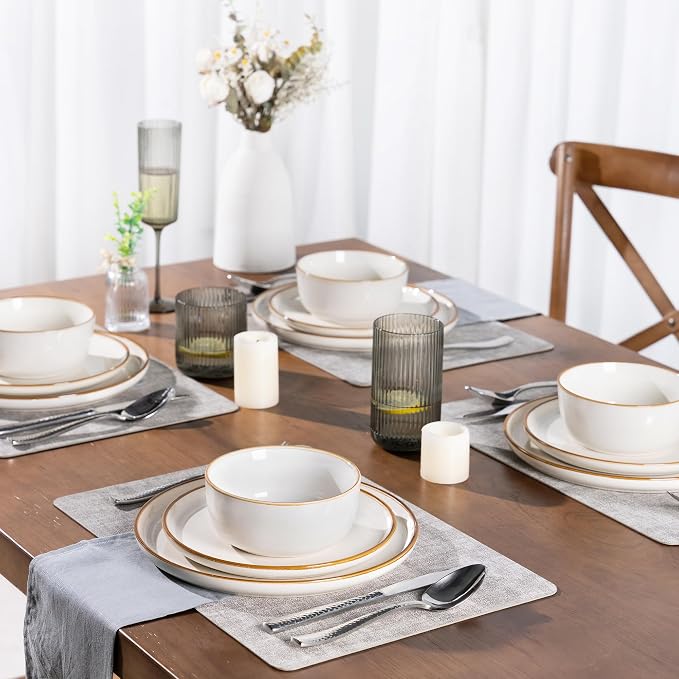 GBHOME Dinnerware Sets for 8, 24 Pieces Ceramic Plates and Bowls Set | Scratch Resistant Stoneware Dishes Set, Dishwasher & Microwave Safe, Reactive Glaze, Pearl White