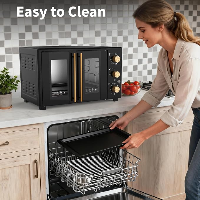 VBGK French Door electric Knob Oven, 35 QT Extra Large Oven,18-Slice Convection Oven3-Control Knobs, Bake Broil Toast Grilled Meat Keep Warm, black Metal,Equipped with a tray and a rack.