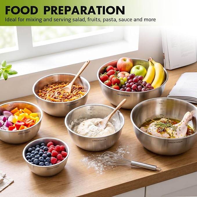 Greentainer Stainless Steel Mixing Bowls Set of 6, Nesting Bowls with Measurement Markings, 7.6 to 0.8 Qt for Baking, Prepping, Cooking and Serving Food, Large Metal Kitchen Bowls Dishwasher Safe