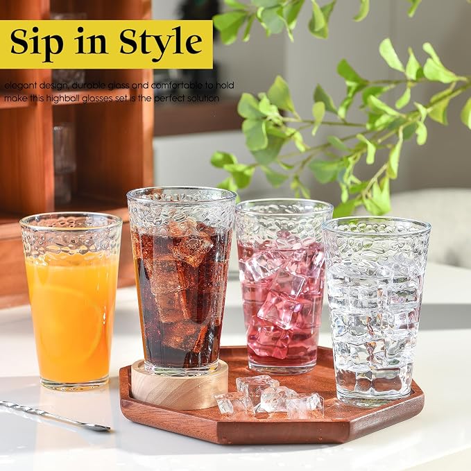 ALINK 16 oz Drinking Glasses, Set of 6 Hammered Glass Cups, Clear Heavy Base Stemmed Highball Water Glasses for Beer, Iced Coffee Cups, Cocktail Glasses, Wine, Iced Tea, Dishwasher Safe