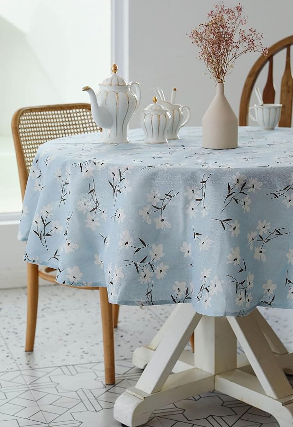 Pastoral Round Tablecloth - 60 Inch Dia. - Linen Fabric Table Cloth - Washable Table Cover with Dust-Proof Wrinkle Resistant for Restaurant, Picnic, Indoor and Outdoor Dining, Floral (Light Blue)