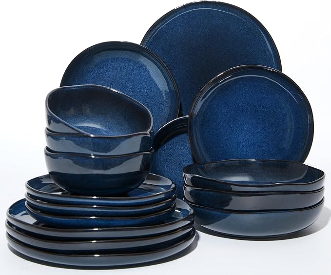 Plates and Bowls Sets, 16 Pieces Dinnerware Set for 4 with Pasta Bowls, Handmade Dishes Set, Chip Resistant Dishware Sets, Microwave Safe Dinner Set, Designed for Interactive Meals, Starry Blue