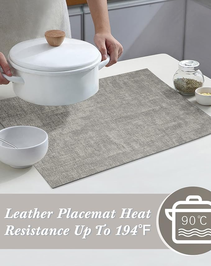 Leather Placemats Table Mats Set of 6, Light Grey & Smoky Grey | Reversible Non-Slip Table Placemats, Heat-Resistant and Waterproof for Dining Kitchen and Holiday Parties