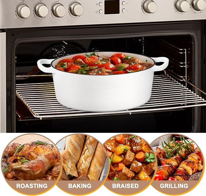 E-far 7QT Oval Dutch Oven Pot with Lid, Enameled Cast Iron Dutch Oven with Dual Handles for Sourdough Bread Baking Cooking, Nonstick Enamel Coated Cookware(White), Non-Toxic & Easy Clean