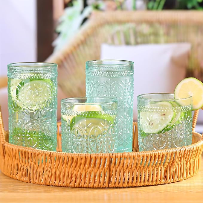 Darlion Green Glassware, Vintage Drinking Glasses, 12oz Highball Glasses | Lead-Free Glass, Food Grade Glass, Durable&Sturdy, Vintage Decoration