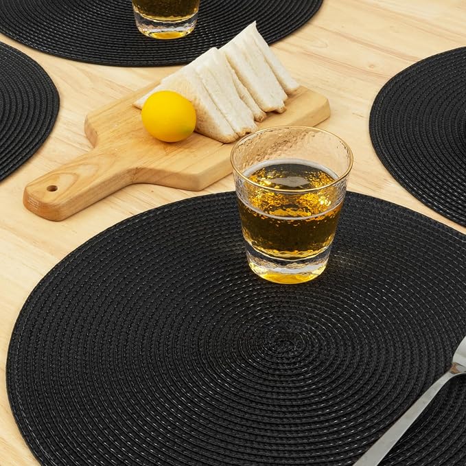 Winknowl Round Braided Placemats Set of 6 Washable Woven Heat Resistant Table Mats for Kitchen Dining Tables 15 inch Round Place Mats (Black,6pcs)