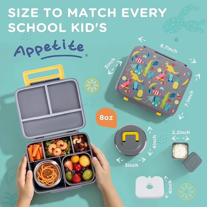 Kids Lunch Bento Box with 8oz Thermo/Ice Pack, BPA-Free, for School | Leak-proof Food Containers with 5 Compartment, Insulated Food Jar, Dishwasher Safe, Easy to Clean, Lunch Box for Girls Boys