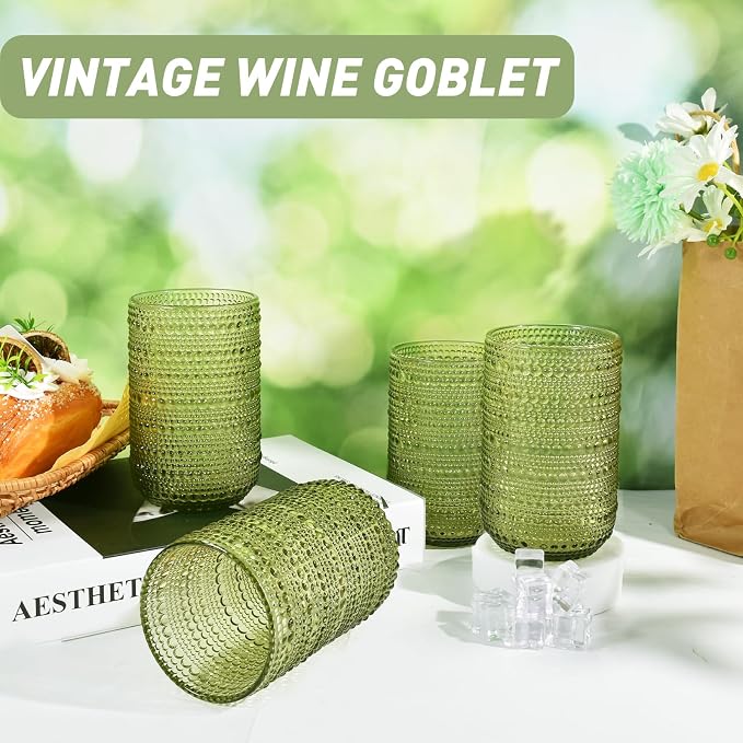 CHLJAR Hobnail Drinking Glasses Set of 6, 14 oz Vintage Glassware Set, Embossed Green Water Tumbler for Beer, Juice, Cocktail, Whiskey, Milk, Green