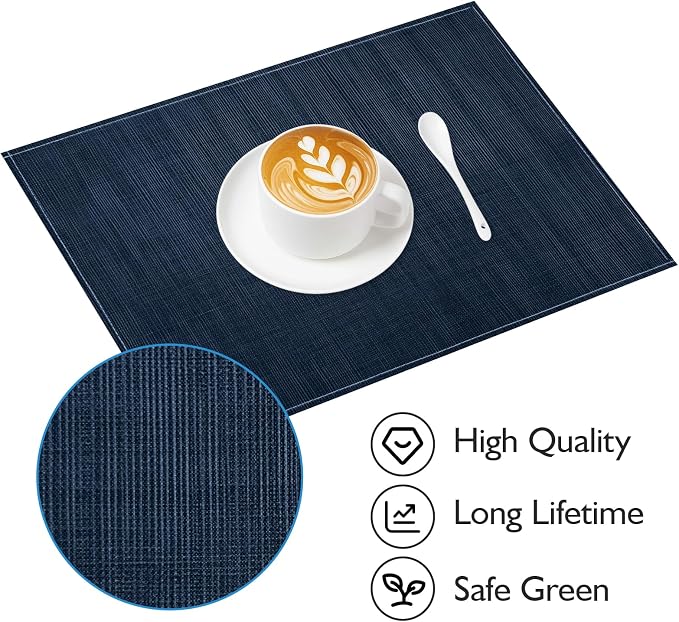 Dark Blue Placemats Set of 4, 12x18 Inch Washable Easy to Clean Heat-Resistant Anti-Skid Navy Blue Placemats for Holiday Party Kitchen Dining Room Decoration