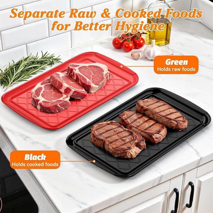 Grilling Prep & Serve Trays for Party Set of 6, Large BBQ Serving Platters | Dishwasher Safe Plastic Trays for Raw and Cooked Food 17"×10.5" Stackable Party Supplies for Grilling, Meal Prep, Red/Black
