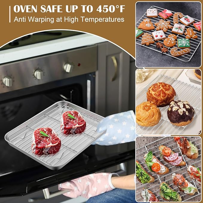 E-far Quarter Baking Sheet with Wire Rack, Stainless Steel 2 Pans + 2 Racks | 12.4 x 9.7 Inch Cookie Sheets Pan & Cooling Rack for Baking Cookies Cake, Non Toxic & Heavy Duty, Oven & Dishwasher Safe