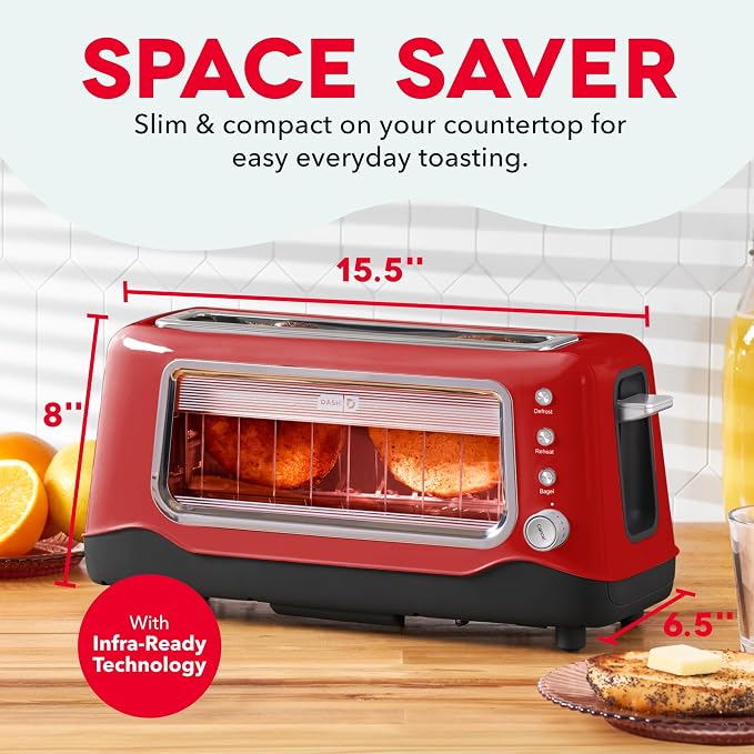 Dash Clear View Toaster | 10" Long Slot 2 Slice Toaster with See-Through Glass Window, 7 Browning Levels, Bagel, Defrost & Reheat Functions, Removable Glass Panel, Crumb Tray, Red