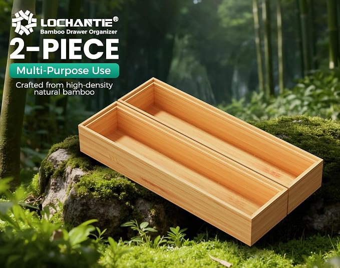 Bamboo Kitchen Drawer Organizer Boxes 12" x 3" Stackable Wooden Organizers | Set of 2 Wood Silverware Utensil Tray for Drawers Bins, Cutlery & Flatware Storage for Junk Drawer, Bathroom, RV