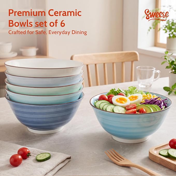 Sweese 18 oz Ceramic Soup Bowls Set of 6, Blue Pasta Bowls for Ramen, Salad, Noodles, Cereal and Soup, Stackable Serving Bowls for Everyday Meals