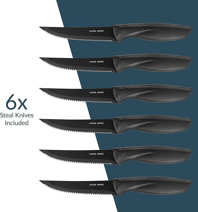 Home Hero Kitchen Knife Set - High Carbon Stainless Steel Blades & Built-In Sharpener - Ergonomic Handles & Cutlery Block Storage - Precision Cooking Prep with Chef Knife - 20 Pc, Black | High Carbon Stainless Steel Knife Set with Block - Built-In Shar...