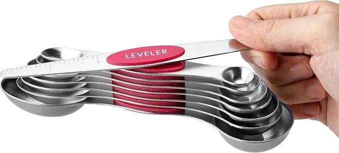 Spring Chef Dual Sided Magnetic Measuring Spoons Set of 8 for Kitchen, Pink | Stainless Steel Teaspoon & Tablespoon Measuring Spoons with Leveler for Dry & Liquid Ingredients, Nesting, Dishwasher Safe