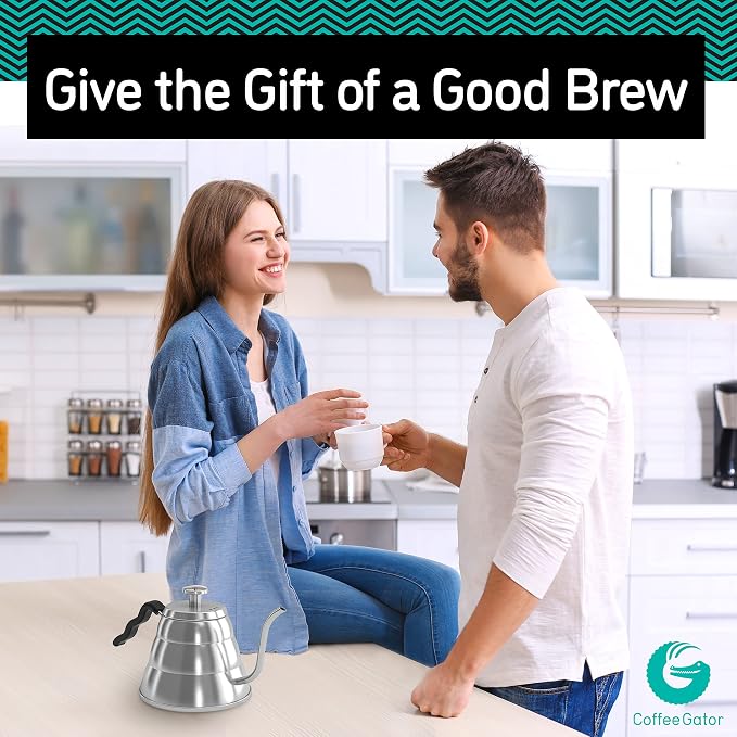 Coffee Gator Gooseneck Kettle with Thermometer - 40oz | Stainless Steel Pour Over Maker, Stove Top, w/Precision Drip Spout, for Drip Coffee, French Press, Tea Kettle , 5 Cup, 1.2L