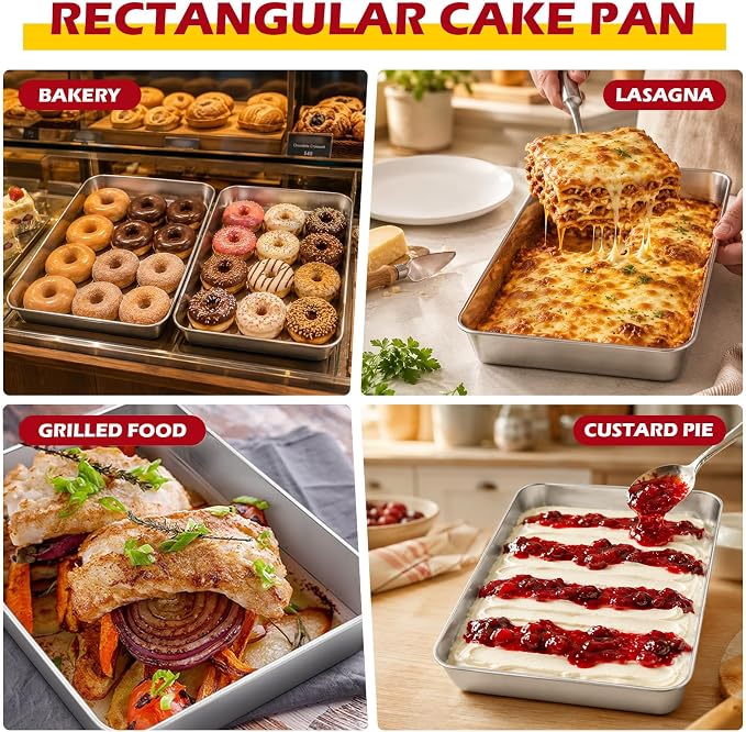 Leonyo 4 Pcs Bakeware Cake Pan for Baking, 9.3x7 Inch Lasagna Pan, 2" Deep | For Commercial Kitchen, Focaccia Bread, Casserole Dish, Oven Safe & Stainless Steel